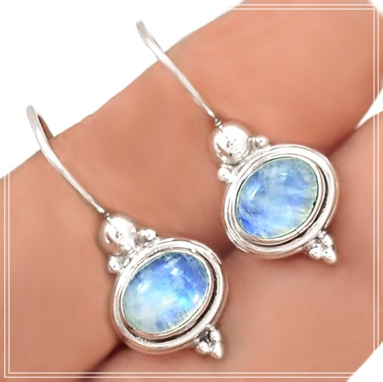 Natural Rainbow Moonstone  Gemstone Solid .925 Sterling Silver Earrings - BELLADONNA