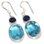 Elegant Faceted Blue Topaz Sapphire Quartz Gemstone .925 Sterling Silver Earrings - BELLADONNA