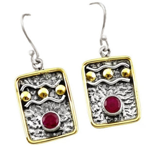Victorian Two Tone Natural Red Ruby Gemstone Solid .925 Sterling Silver Earrings - BELLADONNA