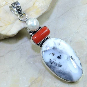 Natural Dendritic Opal, Biwa Pearl and Red Coral Gemstone .925 Sterling Silver Pendant - BELLADONNA