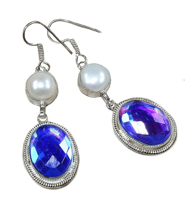 Handmade Madagascar Blue /Purple Fire Topaz and Pearl .925 Sterling Silver Earrings - BELLADONNA