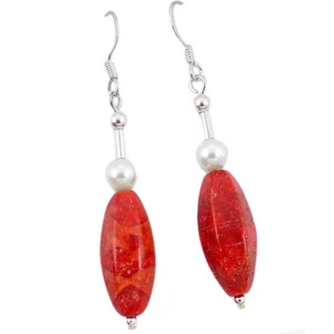 13.66 Ct Natural White Pearl, Faceted Red Sponge Coral Solid .925 Sterling Silver Earrings - BELLADONNA