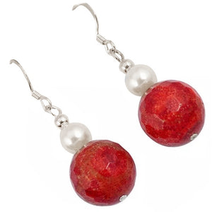 15.86 Cts Natural White Pearl, Faceted Red Sponge Coral Solid .925 Sterling Silver Earrings - BELLADONNA