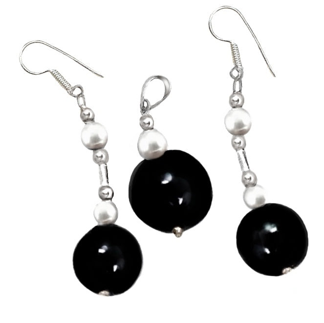 Natural Round Black Onyx, White Pearl .925 Silver Pendant & Earrings Set - BELLADONNA
