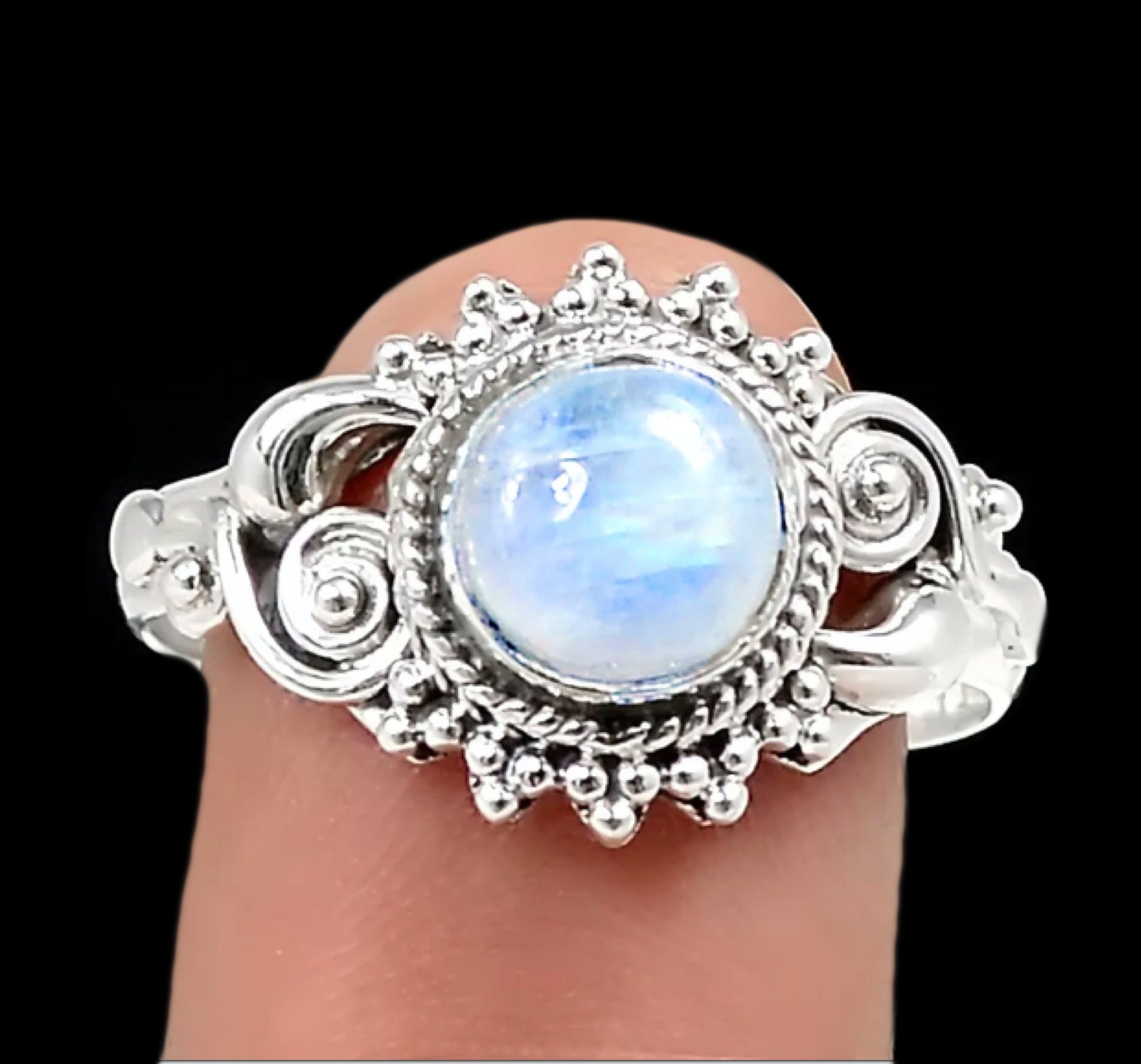 Natural Rainbow Moonstone Ring Solid .925 Silver Size 9 - BELLADONNA