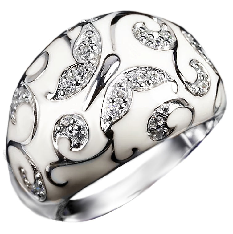 Custom AAA White Cubic Zirconia Butterfly over Creamy White Enamel Solid. 925 S/ Silver Ring Size US 9 - BELLADONNA