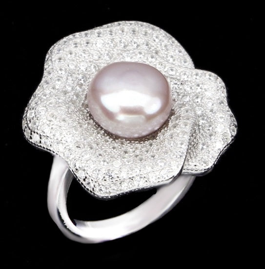 Deluxe Rose Natural Freshwater Creamy Pink Pearl, White Cubic Zirconia .925 Silver Size 7 - BELLADONNA