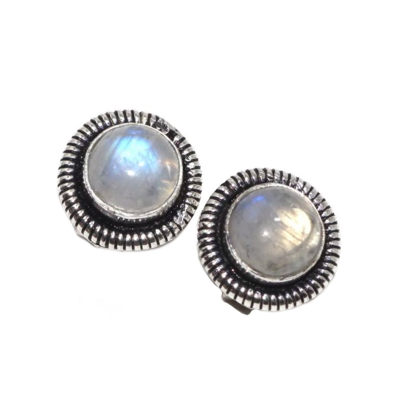 Dainty Natural Rainbow Moonstone Gemstone .925 Silver Stud Earrings - BELLADONNA