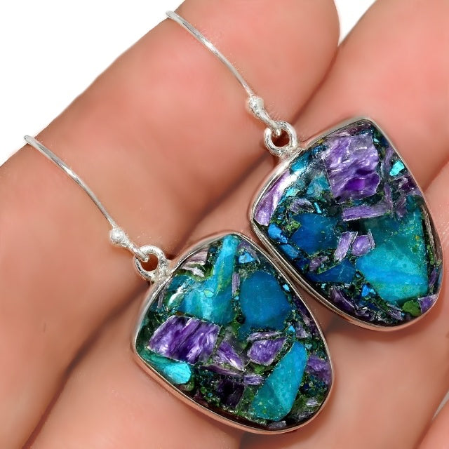 Siberian Natural Charoite in Chrysocolla  Solid .925 Sterling Silver Earrings - BELLADONNA