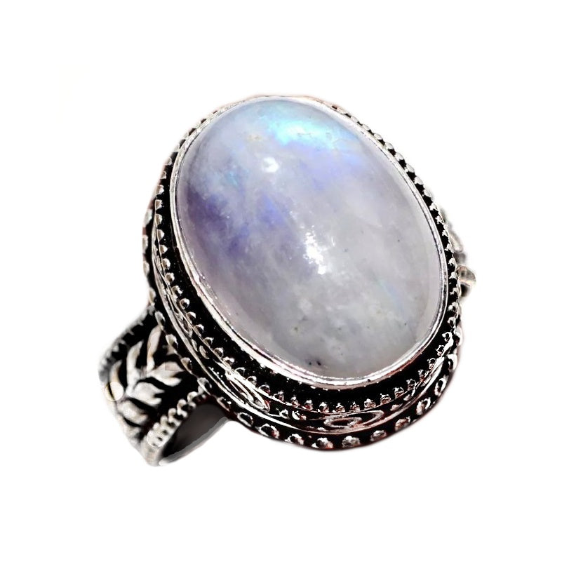 Antique Style Natural Rainbow Moonstone Oval Solid .925 Silver Ring Size US 9 - BELLADONNA
