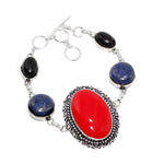 Vibrant Red Coral, Lapis Lazuli, Black Onyx Gemstone .925 Silver Bracelet - BELLADONNA