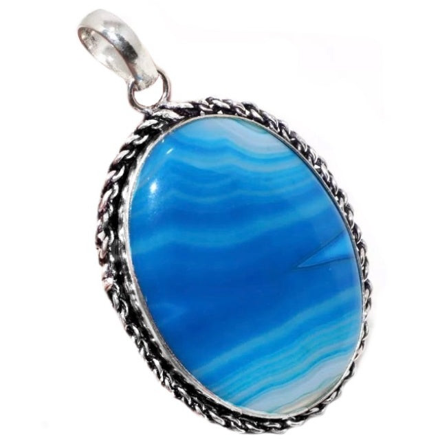 Natural Blue Lace Botswana Agate Gemstone and chain .925 Sterling Silver Pendant - BELLADONNA
