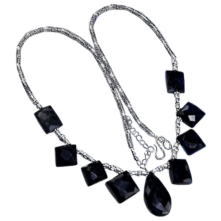 Handmade Faceted Black Onyx Mixed Shape Gemstones .925 Silver Necklace - BELLADONNA