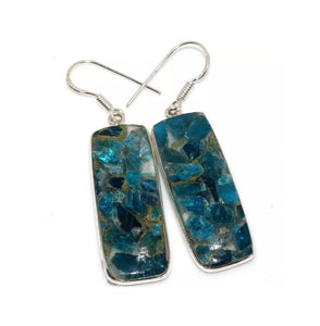 Rectangle Copper Neon Blue Apatite Gemstone .925 Silver Earrings - BELLADONNA