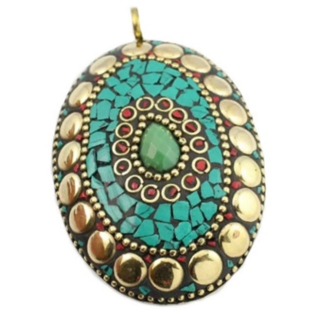 Nepali Natural Green Onyx, Turquoise, Coral Gemstone Solid Brass Pendant - BELLADONNA