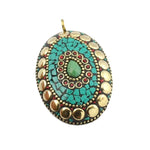 Nepalese Natural Green Onyx, Turquoise, Coral Gemstone Solid Brass Pendant - BELLADONNA
