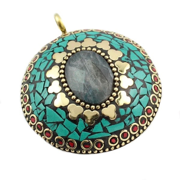 Nepalese Natural Labradorite, Turquoise, Coral Gemstone Solid Brass Pendant - BELLADONNA
