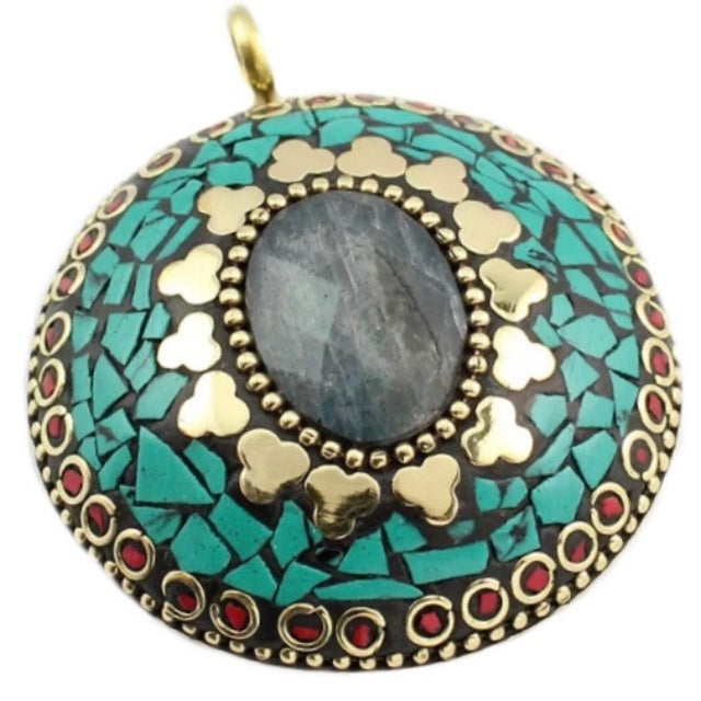 Nepalese Natural Labradorite, Turquoise, Coral Gemstone Solid Brass Pendant - BELLADONNA