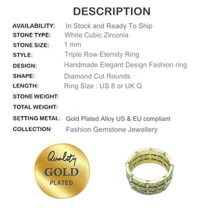 Sparkly White Cubic Zirconia Eternity Gold Plated Cocktail Ring Size US 8 or Q - BELLADONNA