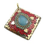 Nepalese Natural Turquoise, Chalcedony, Coral Gemstone Solid Brass Pendant - BELLADONNA