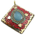 Nepali Natural Turquoise, Chalcedony, Coral Gemstone Solid Brass Pendant - BELLADONNA