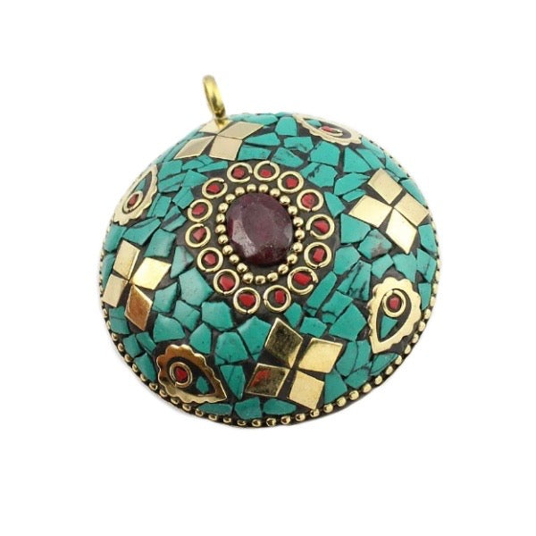 Nepalese Natural Ruby,Turquoise, Coral Gemstone Solid Brass Pendant - BELLADONNA