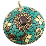 NepalI Natural Ruby,Turquoise, Coral Gemstone Solid Brass Pendant - BELLADONNA