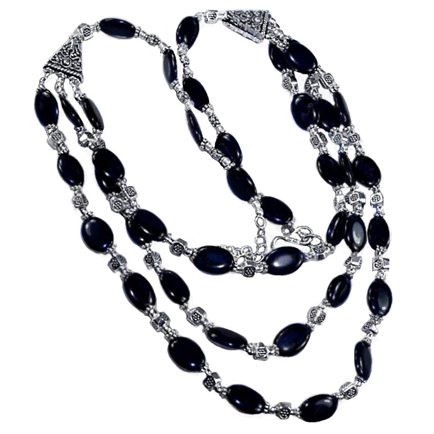 Three Layered Natural Black Onyx Gemstone .925 Silver Necklace - BELLADONNA
