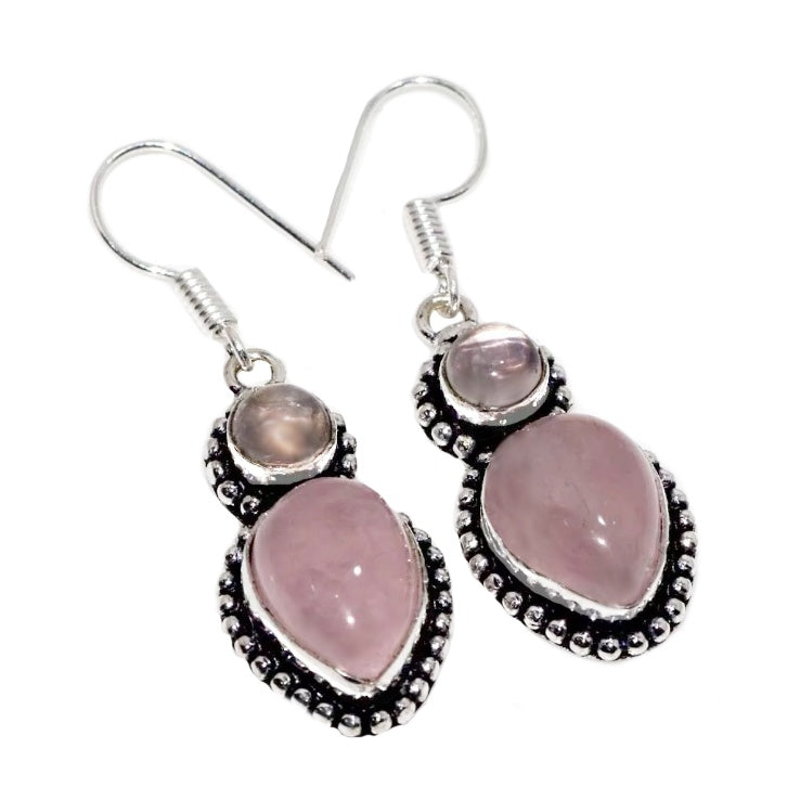 Natural Pink Rose Quartz Gemstone Antique Style .925 Silver Earrings - BELLADONNA