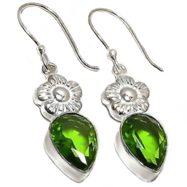 Handmade Peridot Pear Gemstone with Floral Accent .925 Sterling Silver Earrings - BELLADONNA