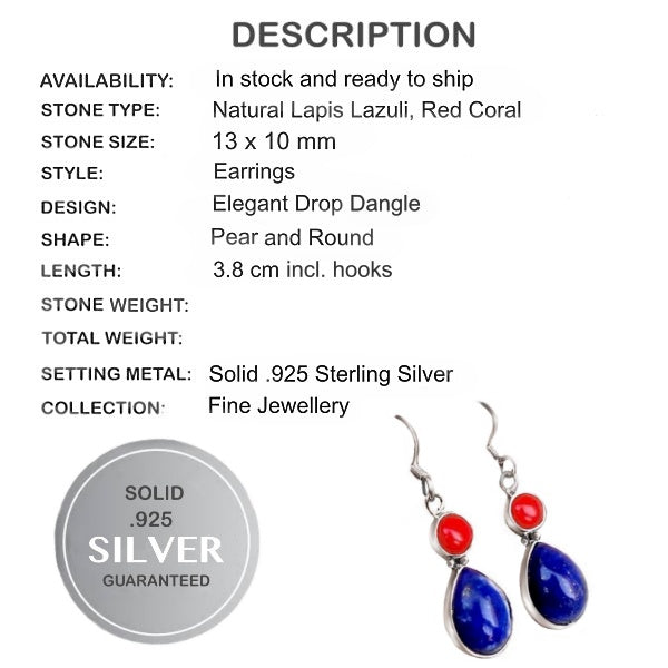 Red Coral & Lapis Lazuli Solid .925 Sterling Silver Earrings - BELLADONNA