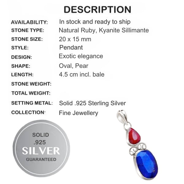 Natural Ruby, Kyanite Sillimanite 925 Sterling Silver Pendant - BELLADONNA