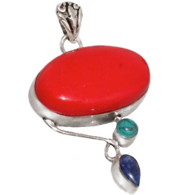 Vibrant Red Coral, Lapis Lazuli, Turquoise Gemstone .925 Silver Pendant - BELLADONNA