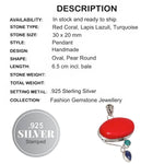 Vibrant Red Coral, Lapis Lazuli, Turquoise Gemstone .925 Silver Pendant - BELLADONNA