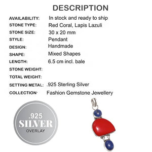 Handmade Red Coral, Lapis Lazuli Gemstone .925 Silver Pendant - BELLADONNA