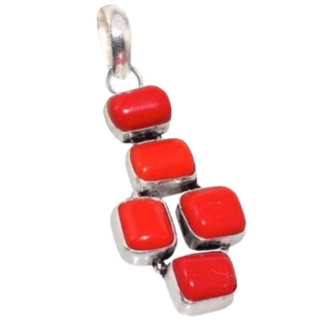Handmade Geometric Vibrant Red Coral Gemstone .925 Silver Pendant - BELLADONNA