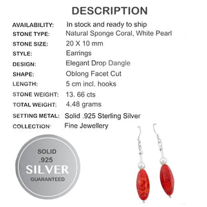 13.66 Ct Natural White Pearl, Faceted Red Sponge Coral Solid .925 Sterling Silver Earrings - BELLADONNA