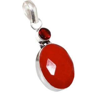 Oval Red Coral, Garnet Gemstone .925 Silver Pendant - BELLADONNA