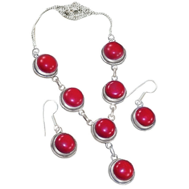 Vibrant Red Coral Gemstone .925 Silver Necklace And Earrings Set - BELLADONNA