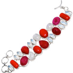 Breathtaking Red Coral,Ruby, Rainbow Moonstone, Opalite Gemstone .925 Silver Bracelet - BELLADONNA