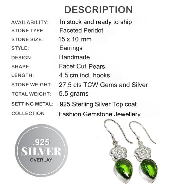 Handmade Peridot Pear Gemstone with Floral Accent .925 Sterling Silver Earrings - BELLADONNA