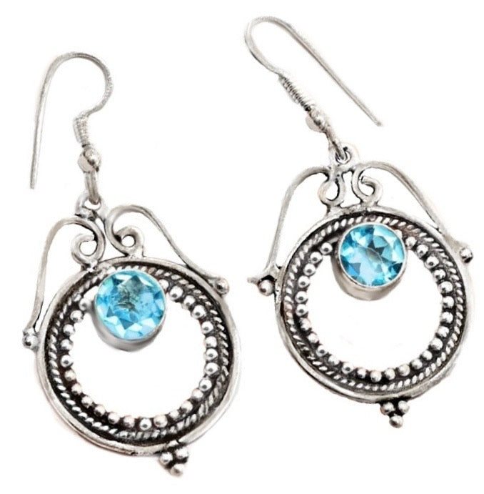 Antique Style Swiss Blue Topaz Gemstone .925 Sterling Silver Earrings - BELLADONNA