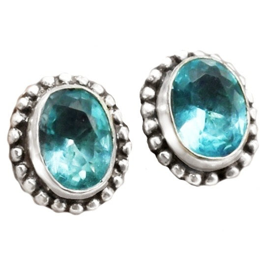 Blue Topaz Oval Gemstone .925 Sterling Silver Plated Studs Earrings - BELLADONNA