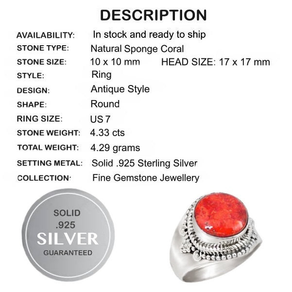 Gorgeous Natural Red Sponge Coral Solid .925 Sterling Silver Ring Size 7 - BELLADONNA