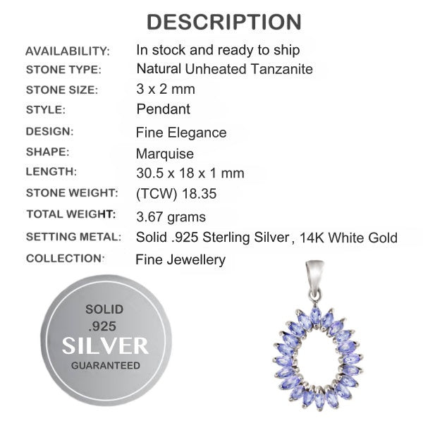 Natural Unheated Tanzanite Gemstone Solid .925 Silver Pendant - BELLADONNA