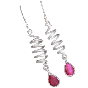 Trendy Spiral Accent Faceted Red Ruby Oval Gemstone Solid .925 Sterling Silver Earrings - BELLADONNA