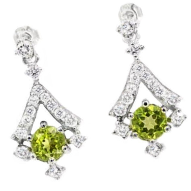 Deluxe Natural Peridot, White Cubic Zirconia Gemstone Solid .925 Sterling Silver Earrings - BELLADONNA
