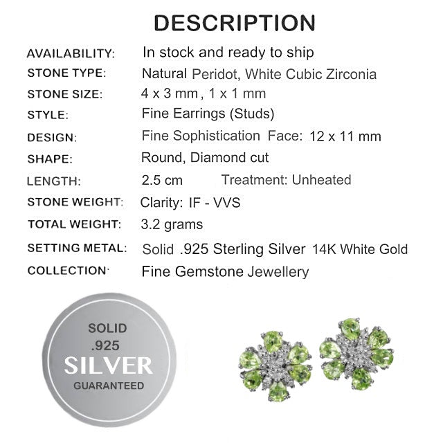 Natural Unheated Peridot, White Cubic Zirconia Gemstone Solid .925 Sterling Silver Earrings - BELLADONNA