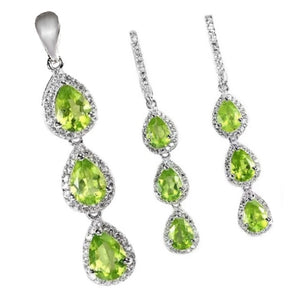 Natural Peridot, Diamond Cut White Cubic Zirconia Gemstone Solid .925 Sterling Silver Pendant and Earrings Set - BELLADONNA