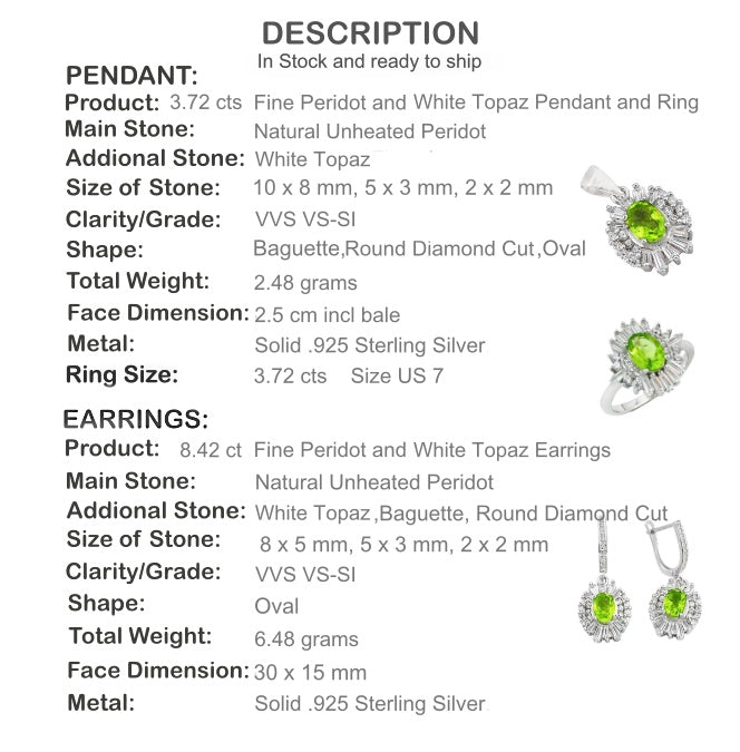 Natural Peridot, White Topaz Gemstone Solid .925 Sterling Silver Earrings Pendant and Ring Set - BELLADONNA